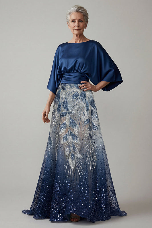 Navy Sequin 3/4 Sleeves A Line Mother of the Bride Dress