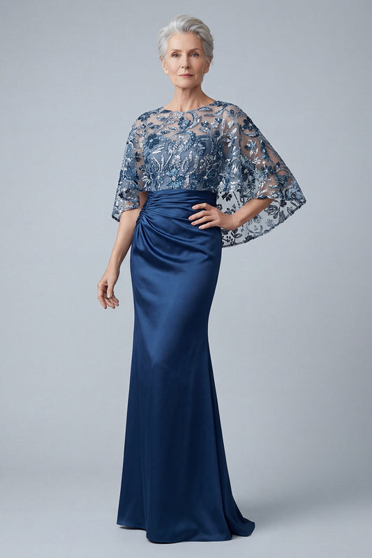 Vestido de sirena largo con lentejuelas florales azul marino con fruncidos para la madre de la novia
