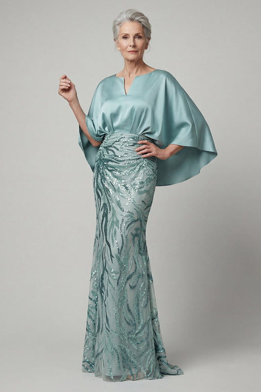 Robe longue de mère de la mariée à paillettes bleu sirène scintillantes