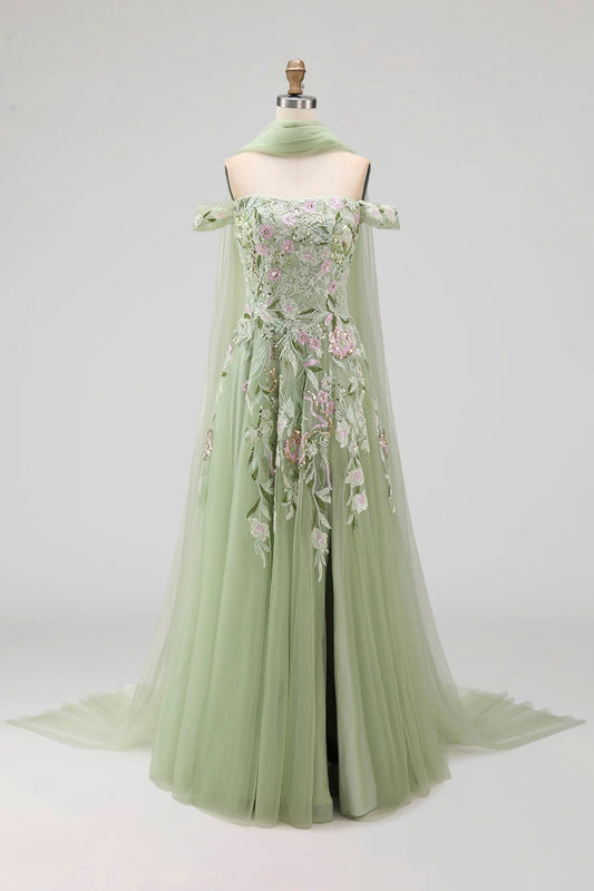 Robe de bal longue évasée vert sauge poussiéreux à sequins brodés, épaules dénudées, avec fente