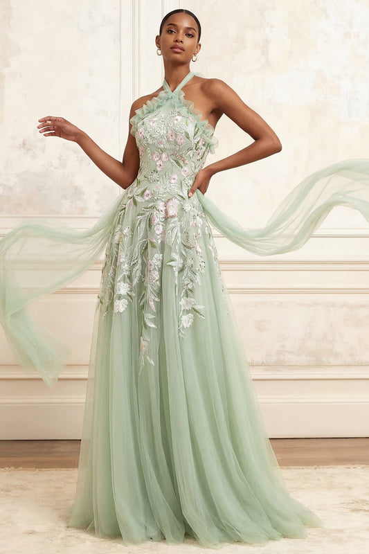 Robe de bal longue en tulle brodé de sequins, trapèze et dos nu, couleur sauge poussiéreuse