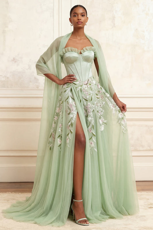 Robe de bal longue en tulle à paillettes brodée sans bretelles couleur sauge poussiéreuse coupe trapèze avec fente
