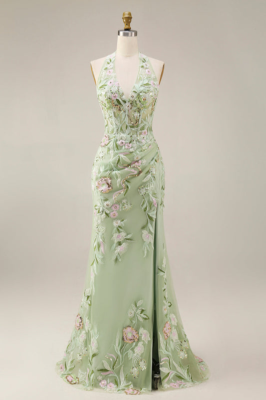Robe de bal longue fourreau brodée Dusty Sage avec corsage transparent licou et fente