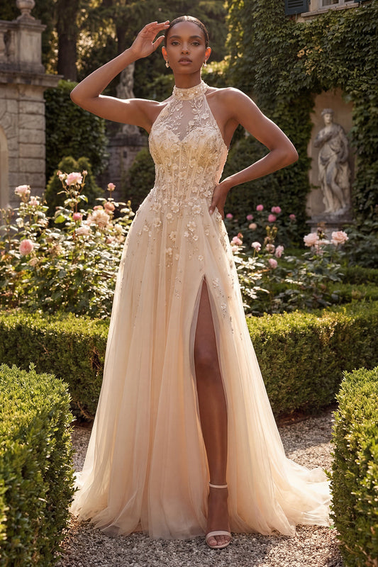 Halter Blush A Line Corset 3D Flowers Tulle Long Prom Dress with Slit