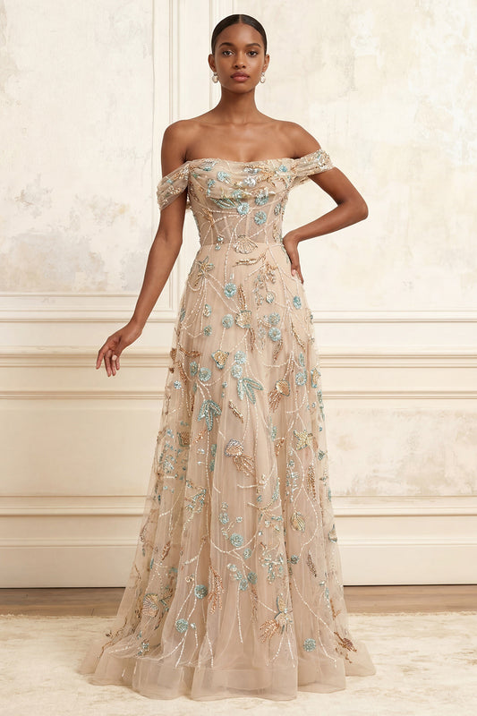 Off the Shoulder Champagne A-Line Corset Appliqued Long Prom Dress