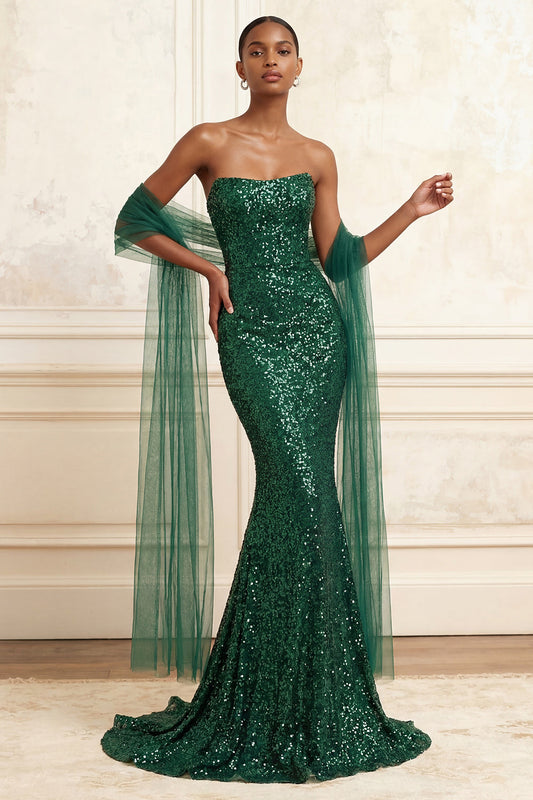 Robe longue de bal à paillettes vert foncé étincelante coupe sirène sans bretelles avec cape