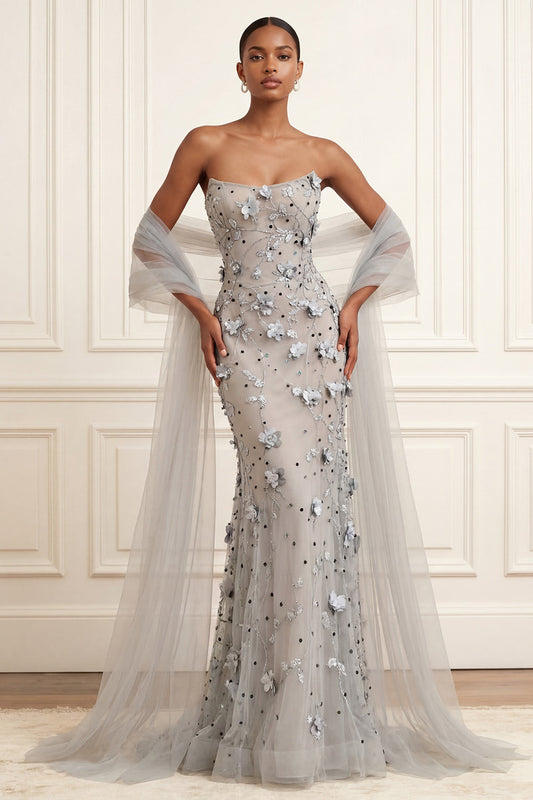 Silver Mermaid Strapless Sequined Appliqued Floral Long Prom Dress with Cape