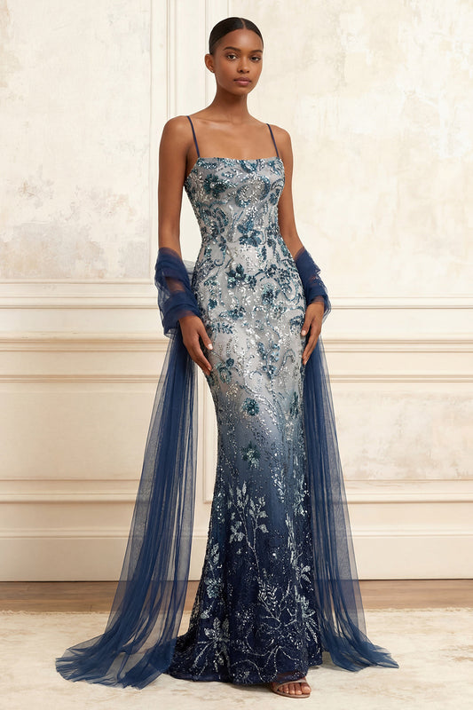 Sparkly Navy Mermaid Sequin Long Prom Dress with Cape