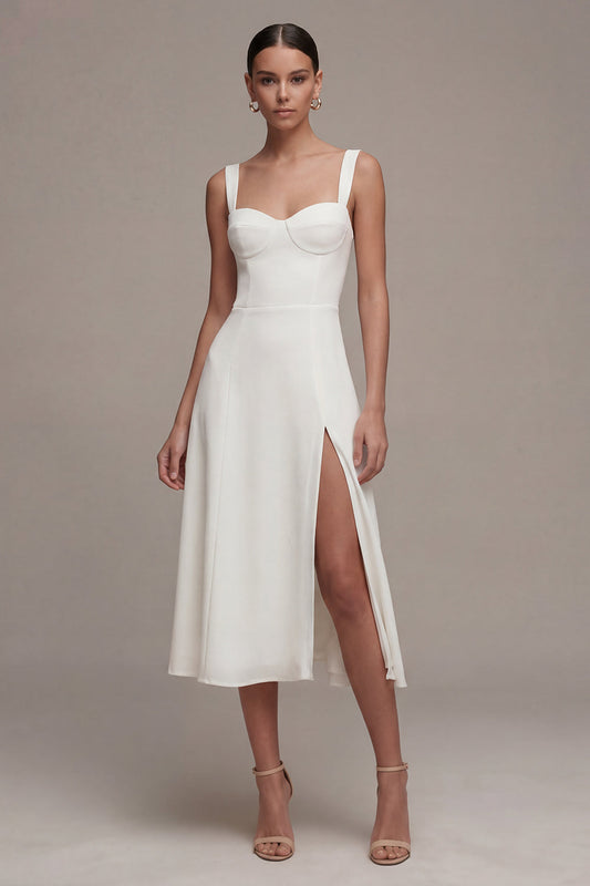 Robe de fiançailles mi-longue évasée couleur ivoire avec fente