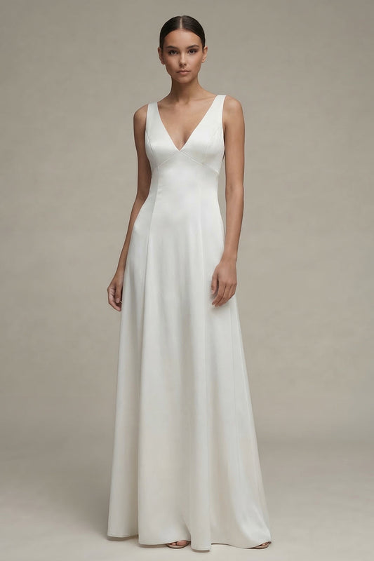 Robe de Fiançailles Longue en Satin Évasée à Col en V Blanc