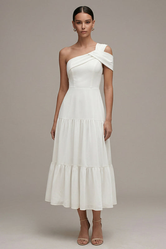 Robe de fiançailles midi blanche à volants asymétrique à une épaule et ligne A
