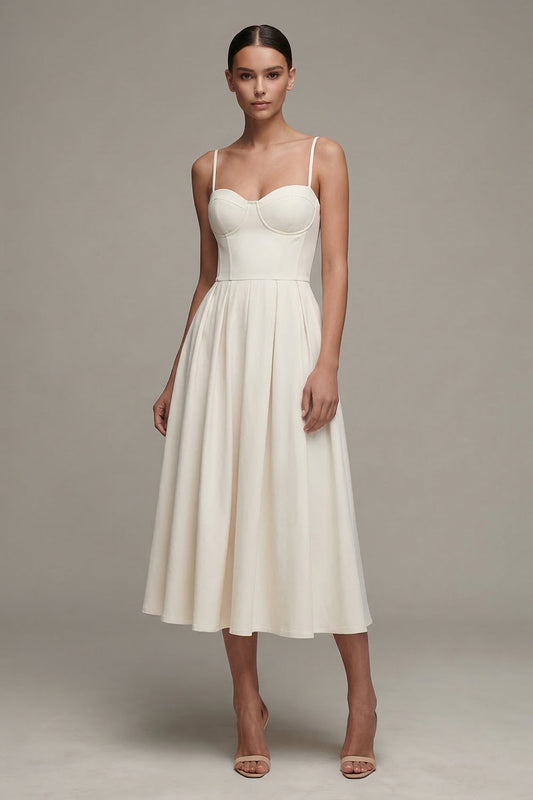 Robe de fiançailles midi trapèze blanche à fines bretelles