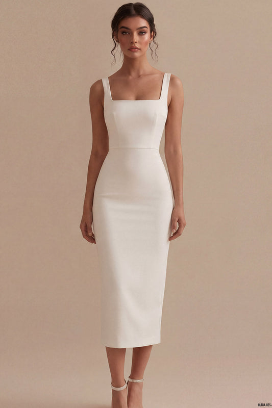 Robe de fiançailles midi fourreau en satin blanc à col carré