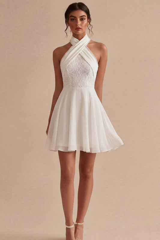 Halter Chiffon Lace A-Line Little White Dress
