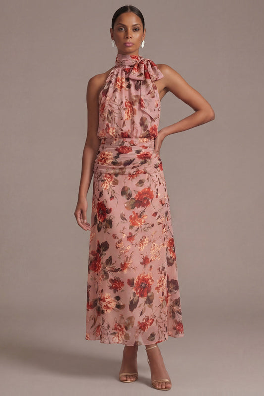 Dusty Rose Floral A Line Long Wedding Guest Dress with Bow