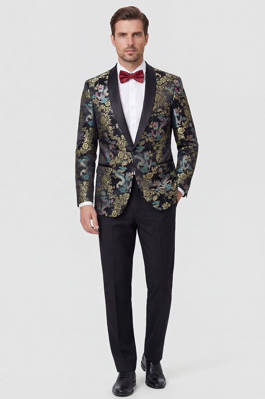Costume de bal pour homme noir 2 pièces à revers châle et jacquard, un bouton