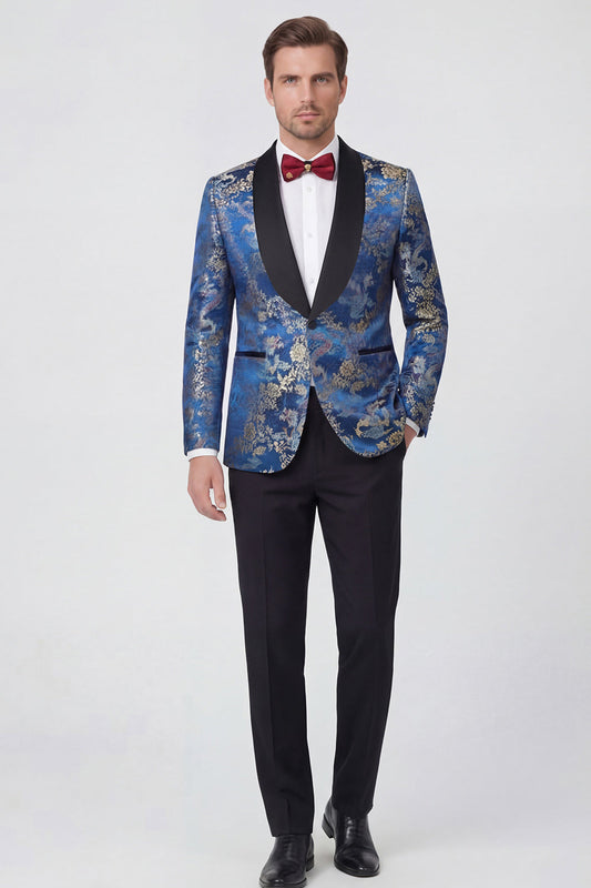 Costume de bal pour homme deux pièces bleu à revers châle et un bouton en jacquard