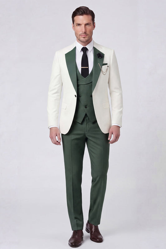 Costume de bal pour homme 3 pièces vert foncé, à revers crantés, un bouton