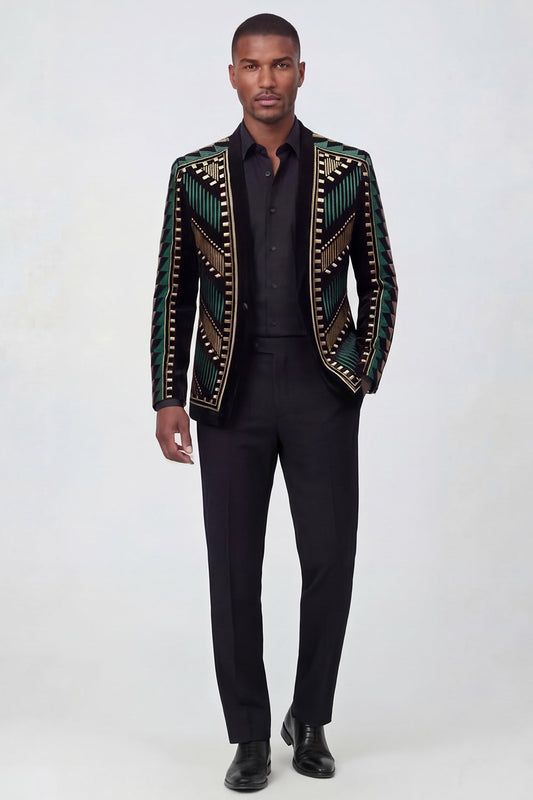 Blazer Homme Vert Ouvert Brodé Géométrique