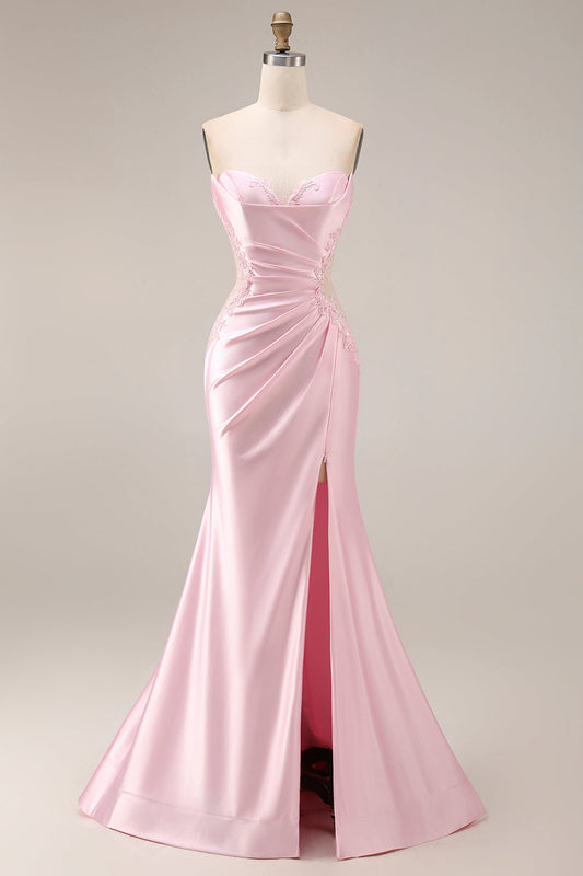 Robe de bal longue ruchée sirène cœur en satin rose avec fente