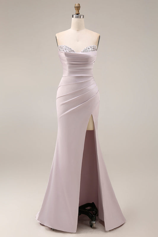 Satin Mermaid Light Purple Sweetheart Ruched Beaded Long Prom Dress with Slit