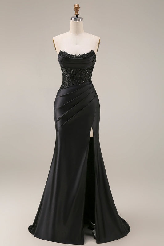 Satin Mermaid Black Sweetheart Sheer Corset Ruched Beaded Long Prom Dress with Slit