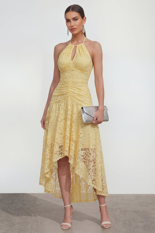 Yellow Lace A-Line Halter Asymmetrical Midi Dress with Keyhole