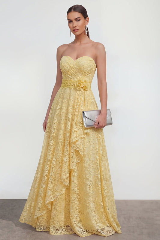 Yellow Sweetheart Ruched Long Lace Wedding Guest Dress with 3D Flower