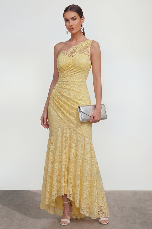Lace Yellow One Shoulder Ruched Mermaid Long Dress