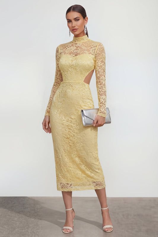 Yellow High Neck Long Sleeves Lace Midi Dress with Slit