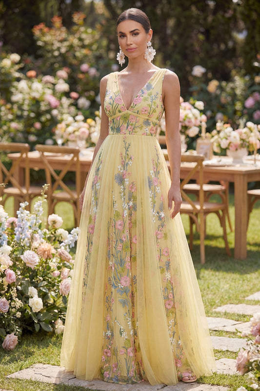 Pastel Yellow A Line V-Neckline Floral Embroidered Maxi Dress