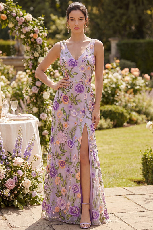 Robe longue sirène lilas en tulle brodé de fleurs, col en V et fente