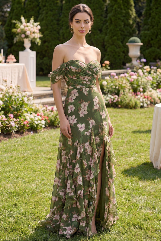Dark Green Ruched A Line Maxi Floral Dress with Ruffles