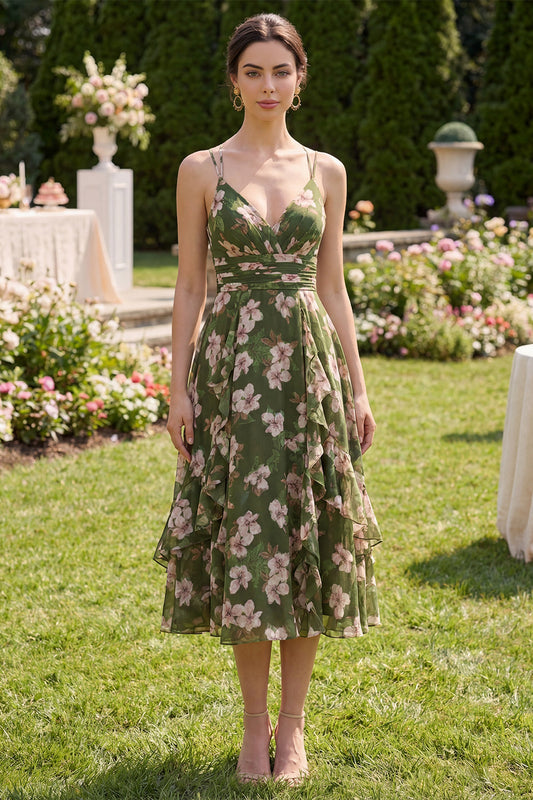 Dark Green Floral V-Neck A Line Ruched Midi Dress with Ruffles