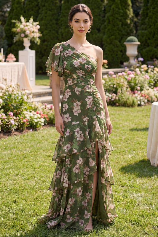 Dark Green Floral A Line Flutter Sleeves Maxi Dress with Ruffles