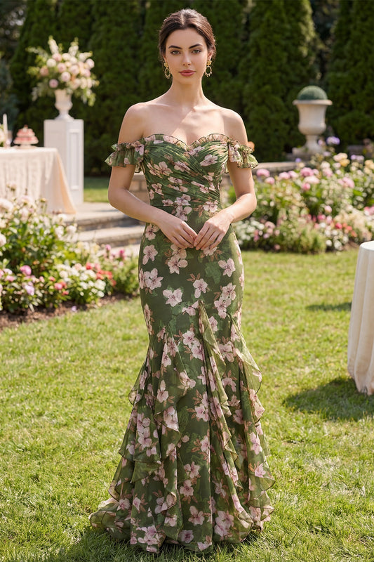 Dark Green Floral Mermaid Maxi Dress with Ruffles