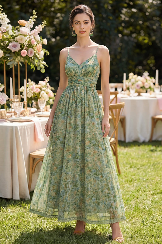 Dusty Green Spaghetti Straps Floral Ruched A Line Maxi Dress