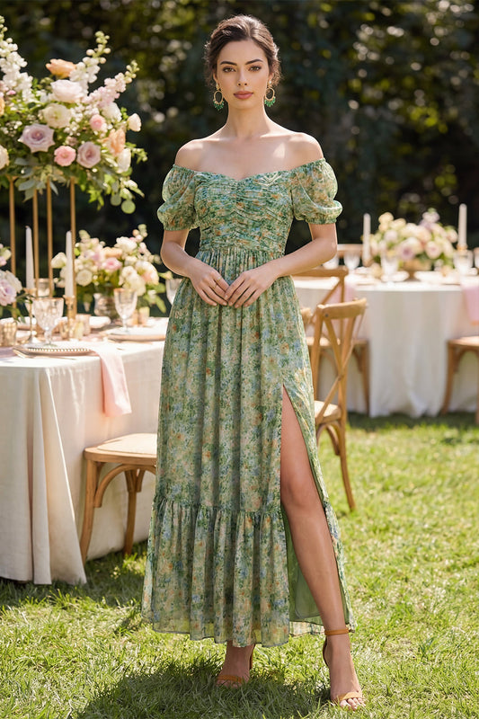 Robe longue évasée fendue vert poussière à manches bouffantes froncées et imprimé floral