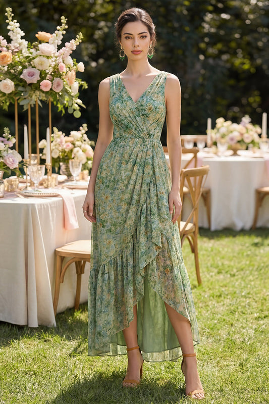 Robe florale vert poussiéreux à col en V, ourlet haut-bas et volants