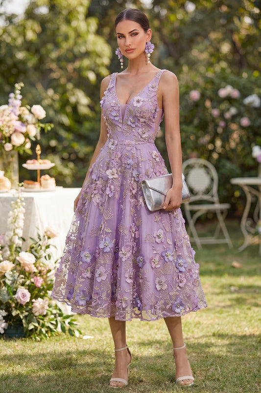 Robe Midi Trapèze en Tulle Lilas, Décolleté en V, Appliquée de Perles Florales