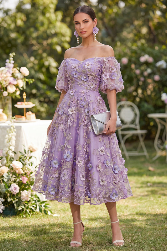 Off-the-Shoulder A-Line Tulle Blue Appliqued Ruched Beaded Floral Midi Dress