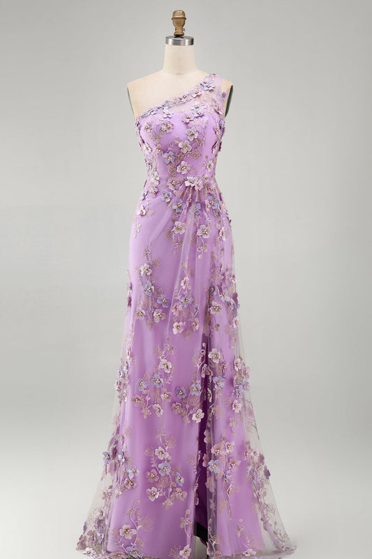 Robe longue sirène en tulle lilas à une épaule, applications, perles, fronces, fente et motif floral