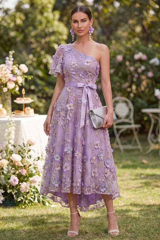 Robe mi-longue en tulle lilas, coupe évasée asymétrique à une épaule, avec applications, perles et nœud, imprimé floral