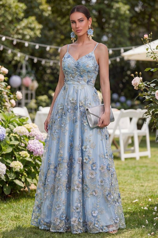 Blue A-Line Tulle Appliqued Beaded Ruched Long Floral Dress
