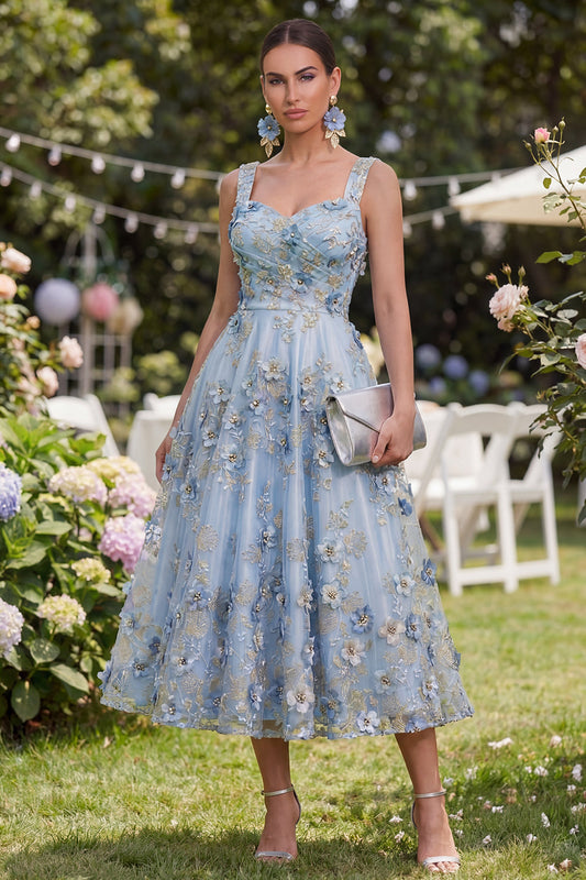 Blue A-Line Tulle Appliqued Beaded Ruched Midi Floral Dress