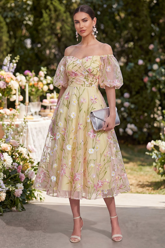 Light Yellow Puff Sleeves Floral Ruched A Line Midi Dress