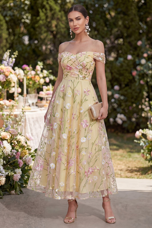 Light Yellow A Line Ruched Off the Shoulder Floral Maxi Dress