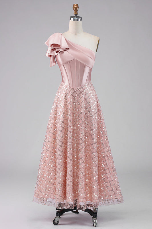 Robe midi à ligne A drapée froncée blush asymétrique scintillante
