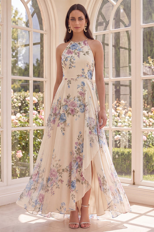 A Line Halter Apricot Floral Ruffled Open Back Beach Maxi Dress with Slit