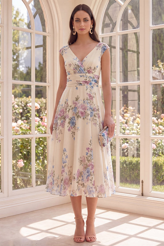 Ruched Apricot V-Neck Floral A Line Beach Midi Dress